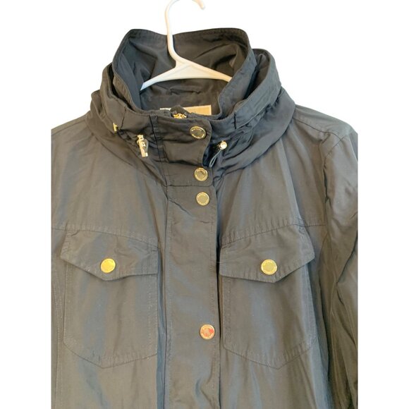 Michael Kors Black Hood Coat L Gold Zip Rain Wind Transition RR10487 Mid EUC - Picture 2 of 16